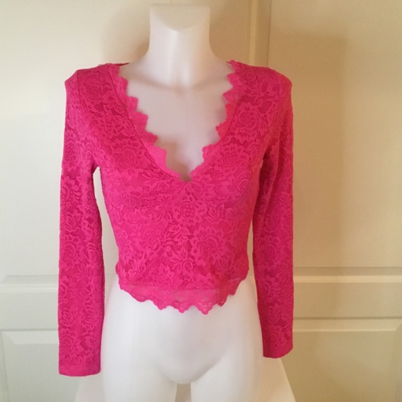 NWT REORIA Pink Lace Long Sleeve Y2K Crop Top Size Medium - Picture 4 of 8